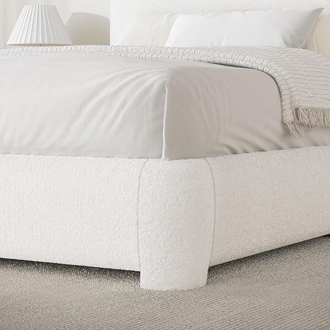 BarnFurin Queen Bed Frame with Headboard, Boucle Upholstered Platform Bed Frame, Luxurious Soft Rounded Corners, No Box Spring Required, Easy Assembly, White