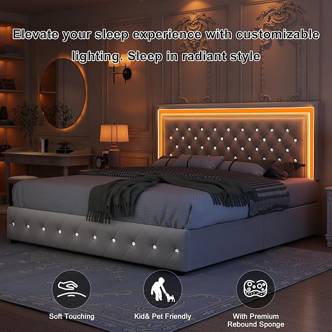 Queen led Bed Frame with 4 Drawers, Upholstered Platform Bed with Solid Wooden Slats Support, No Box Spring Needed, 900 lbs Capacity, Easy Assembly, Velvet Cream