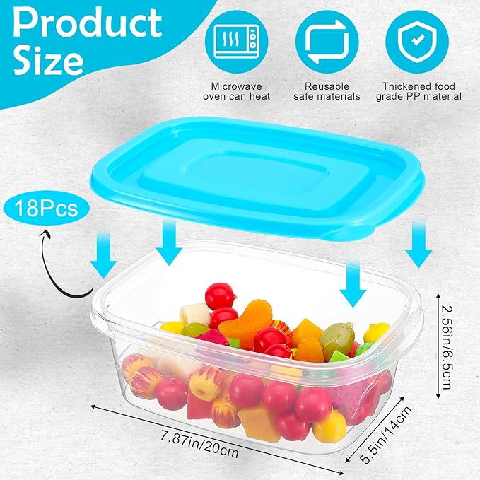 18 Pcs 33 Oz Plastic Food Storage Containers with Lids Portion Box Sets with Cover Stackable Plastic Containers with Lids Microwave Freezer Dishwasher Safe(Blue)