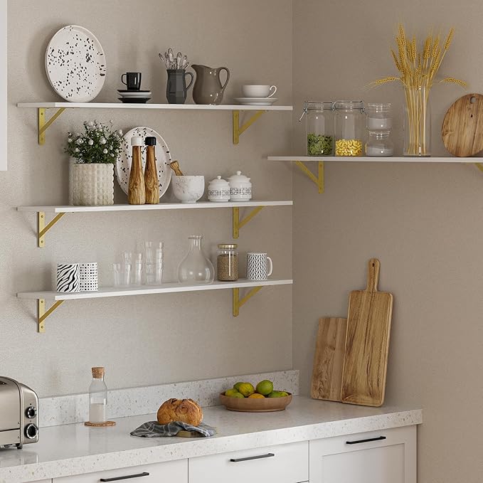 DINZI LVJ Long Wall Shelves, Set of 4, 47.3" Wall Mounted Shelves, Large Floating Shelves for Storage with Metal Brackets, for Living Room, Bathroom, Bedroom, Kitchen, White and Gold