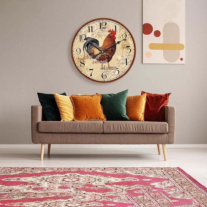 24 Inch Large Vintage Rooster Clock for Living Room,Silent Retro Farmhouse Wall Clock for Kitchen Bedroom,Rustic No-Ticking Wall Clock Battery Operated for Home Office School