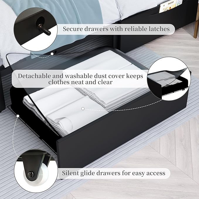 Full Led Bed Frame with 2 Drawers, Upholstered Platform Storage Bed Frames Full Size with Crystal Button Tufted Headboard Footboard, Solid Slats, No Box Spring Needed, Easy Assembly, PU Black