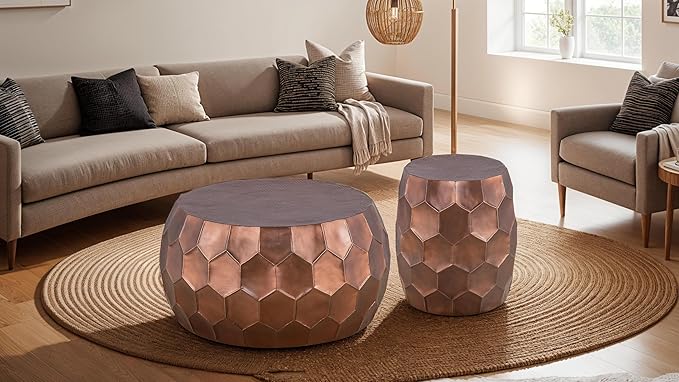 Modern Contemporary Round Aluminum Material 32" Coffee Table and 21" Height End 2PC Table Set with Glossy Diamond-Patterned Base Antique Copper