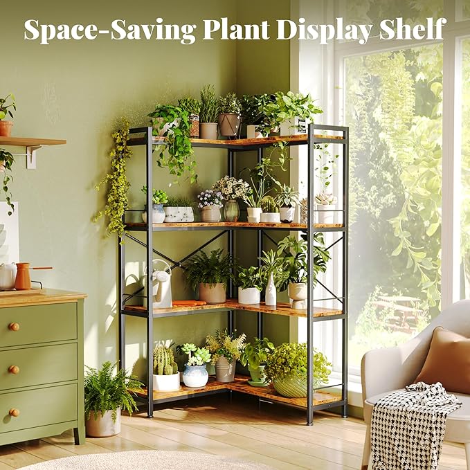 Huuger 4 Tier Bookshelf, L Shaped Corner Bookshelf with 8 Open Shelves, 49.4 Inch Straight Wide Bookcase with Metal Frame and Wooden Board, Adjustable Feet, Rustic Brown