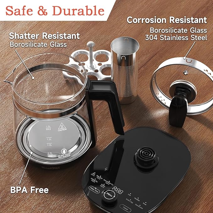 Hot Tea Maker Glass Electric Kettle with Infuser and Temperature Control,1.5L Stainless Steel 1200W Rapid Boiling,Programmable Control for your Favorite Teas and Coffee,Black