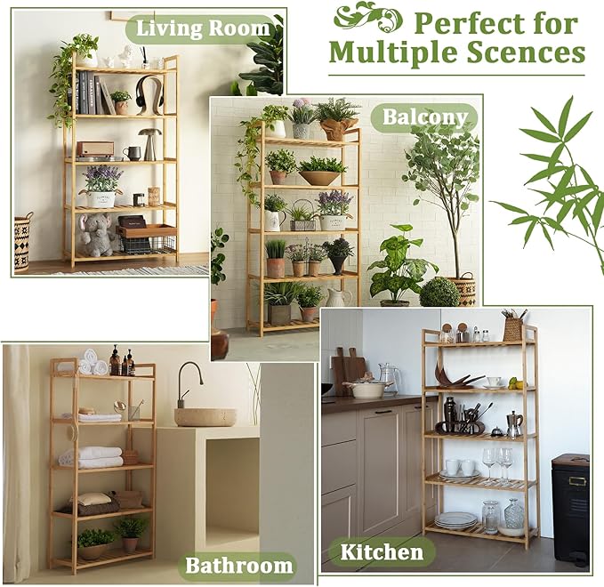Bamboo Shelf, 5-Tier Bookcase Storage Shelves, Small Book Rack Shelving Unit, Multipurpose Storage Display Shelf for Bathroom Kitchen Living Room Office(5T- Natural)