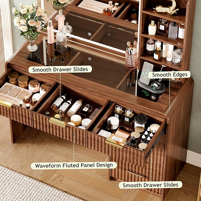 47“Makeup Vanity Desk with Mirror and Lights, Vanity Desk with 7 Drawers & Storage Shelves, Vanity Table with Power Outlet, 3 Color Modes & Adjustable Brightness Dressing Table, Bedroom,Brown