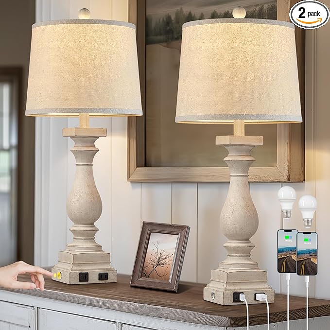 28" Tall Farmhouse Table Lamps Set of 2 with USB C+A Ports and AC Outlet, 3 Way Touch Control Rustic Bedside Lamp for Bedroom, Beige Vintage Nightstand Lamp for Living Room Office