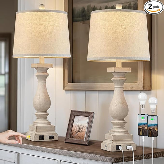 28" Tall Farmhouse Table Lamps Set of 2 with USB C+A Ports and AC Outlet, 3 Way Touch Control Rustic Bedside Lamp for Bedroom, Beige Vintage Nightstand Lamp for Living Room Office