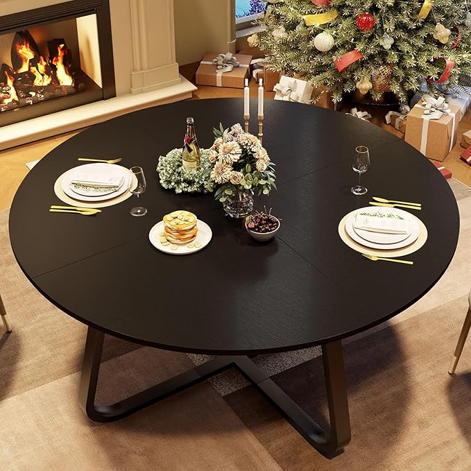 LVB 42 Inch Black Round Dining Table for 4 to 6, Circle Dining Tables, Modern Wood Metal Kitchen Tables, Round Dining Room Table for Home Kitchen Living Room,Black Oak
