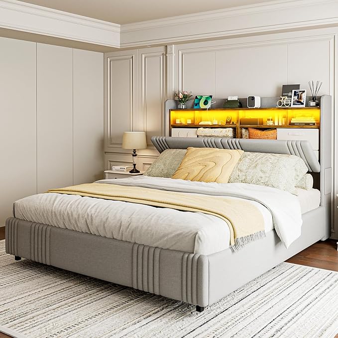 IKIFLY 49.2” Tall California King Bed Frames with 4 Storage Drawers, Upholstered Wingback Hidden Storage Headboard with LED Lights & Charging Station, No Box Spring Needed, Noise Free, Light Grey