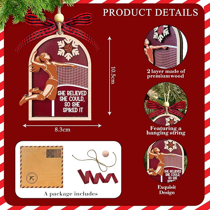 Volleyball Christmas Ornament 2025-2 Layer Wooden Volleyball Ornaments for Christmas Tree - Sports Ornaments for Team, Players, Coaches, Family, Friends, Sport Lovers - Sports Themed Hanging Decor