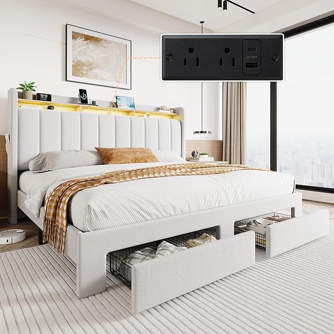 SHA CERLIN Velvet King Size Bed Frame with Vertical Channel Tufted Wingback Headboard & 2 Storage Drawers/2-Tier Shelves with LED Lights & Charging Station/Noise-Free/No Box Spring Needed/White