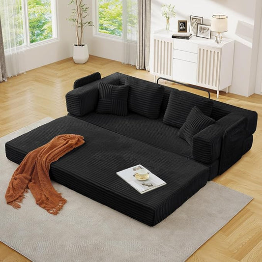 Antetek Convertible Sofa Bed, Comfy Corduroy Fluffy Love seat Sleeper Sofa, 5 in 1 Folding Couch Bed, Fold Out Floor Couch with Pillows for Bedroom, Living Room, Office, Wide Stripes, Black