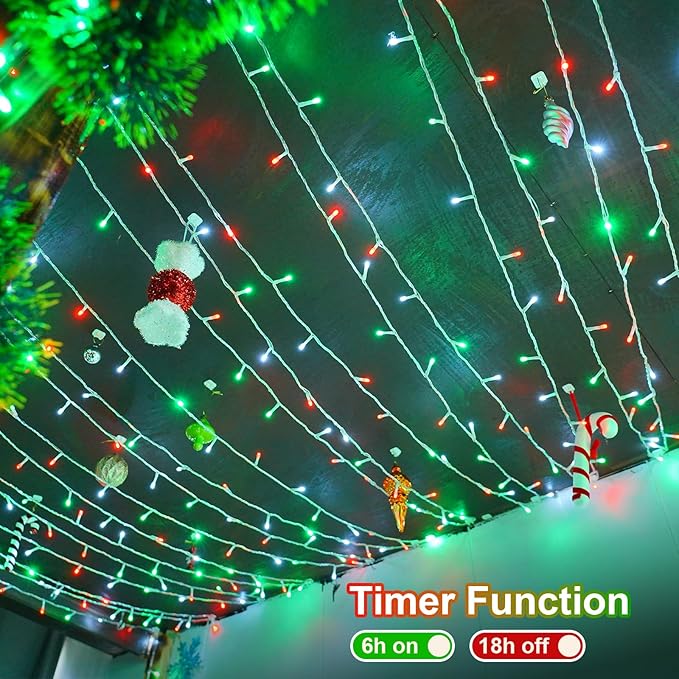 QITONG Red White Green Christmas Light Outdoor Waterproof, 165ft 500 LED String Lights with 8 Modes, Clear Wire Christmas Tree Light Indoor Plug-in