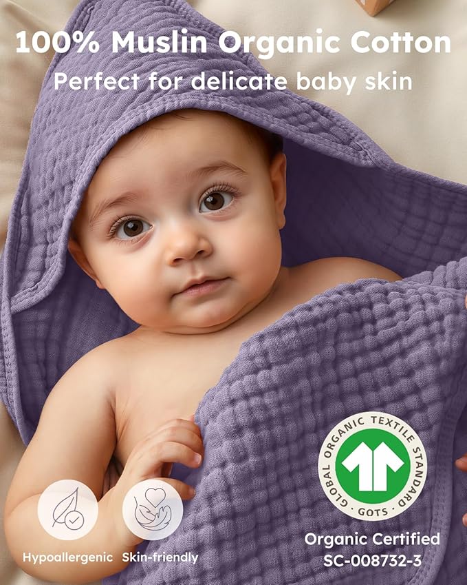 Yoofoss Hooded Baby Towels for Newborn 2 Pack 100% Muslin Organic Cotton Baby Bath Towel with Hood for Babies, Infant, Toddler and Kids, Large 32x32Inch, Soft and Absorbent Newborn Essential