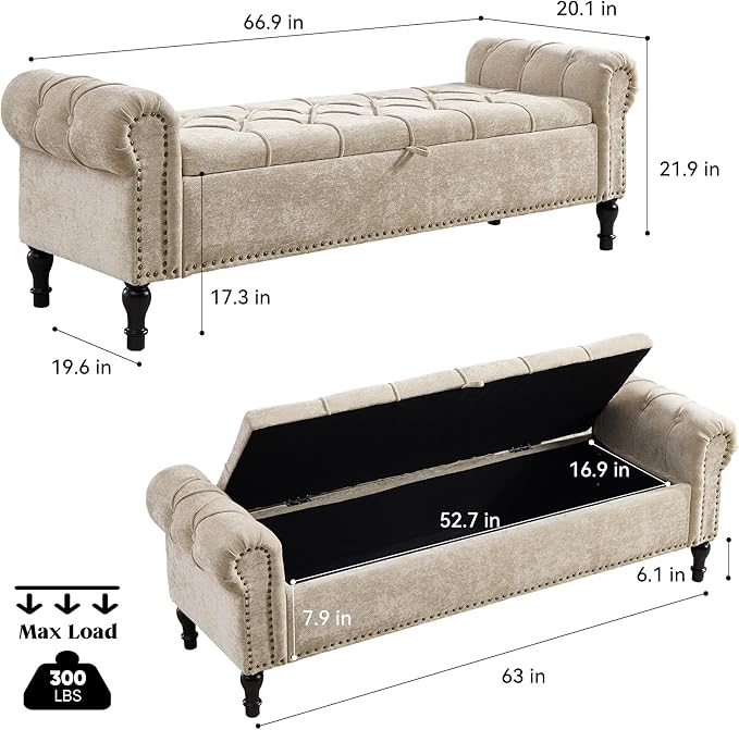 Storage Bed Bench for Bedroom, Chenille 67" End of Bed King Size Benches with Armrest, Tufted Button Upholstered Ottoman Bench for Living Room, Entryway, Khaki
