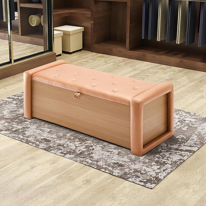 48" Large Storage Ottoman Bench, Faux Leather Upholstered Bed Bench with Button Tufted, End of Bed Ottoman with Safety Hinge for Bedroom, Living Room, Window，or Entryway, Orange Shoe Storage Chest