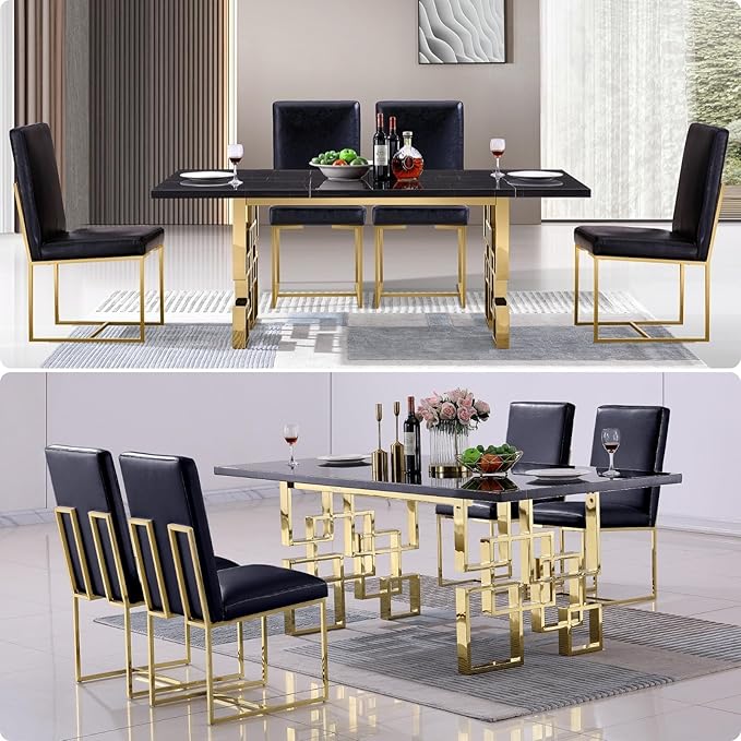 AUZ Dining Chairs Set of 4, Black Faux Leather Upholstered Dining Room Chairs with Polished Gold Stainless Steel Sled Legs