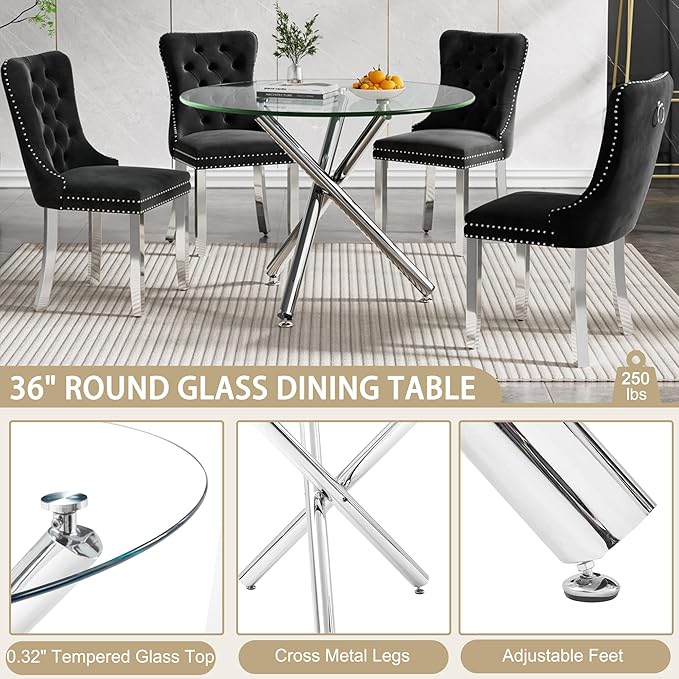 36" Round Dining Table for 4, Modern Clear Glass Kitchen Table for 4 with Silver Cross Metal Legs, Contemporary Small Circle Dining Room Leisure Tables for Kitchen Apartment