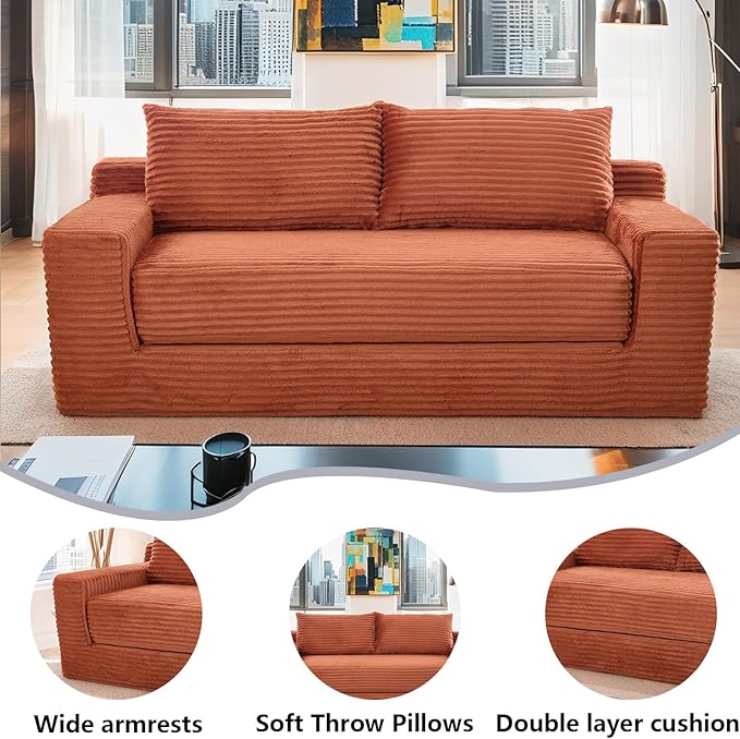 Fefances Loveseat Sofa Bed Boneless Couch, Convertible 2-in-1 Design, Corduroy Fabric - Compact Memory Foam Couch for Small Spaces, Apartments, Home Office & Bedroom（Orange）