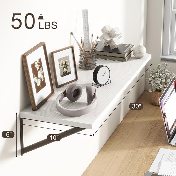 10 Inch Deep Floating Shelves, White Floating Shelves 30 Inch Long, Rustic Wood Wall Shelves 30"W x 10"D, Deep Floating Shelf with Bracket, Wide Storage Shelves for Books, Living Room, Bathroom