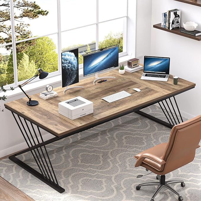 FOLUBAN 70.9" Computer Desk with Z-Shaped Legs, Industrial Work Executive Home Office Desk, Large 2 Person Gaming Study Desk Writing Table, Oak