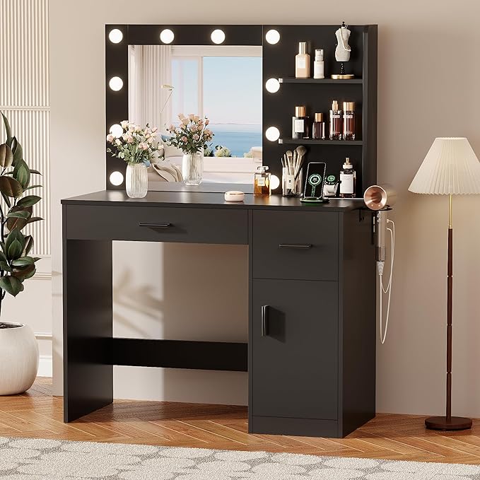 YESHOMY Vanity Desk with Mirror, 10 Lights, Power Outlet and 3 Storage Shelves, Makeup Table with 2 Drawers & 1 Cabinet, 3 Color Modes, for Bedroom, Black