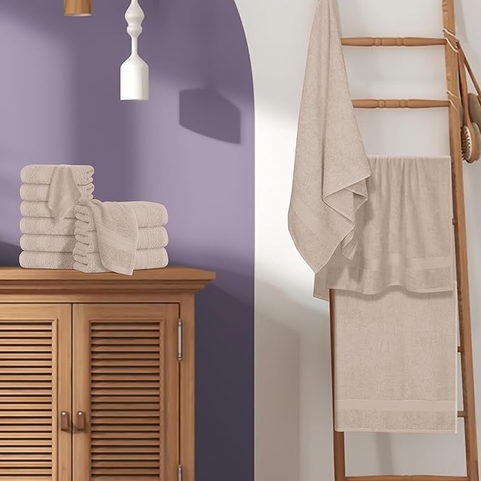 BOUTIQUO 24 Pack Cotton Towel Set, Contains 6 Bath Towels 27x54 inch, 6 Hand Towels 16x24 inch & 12 Wash Coths 12x12 inch, Ideal Everyday use, Ultra Soft Compact & Lightweight - Tan