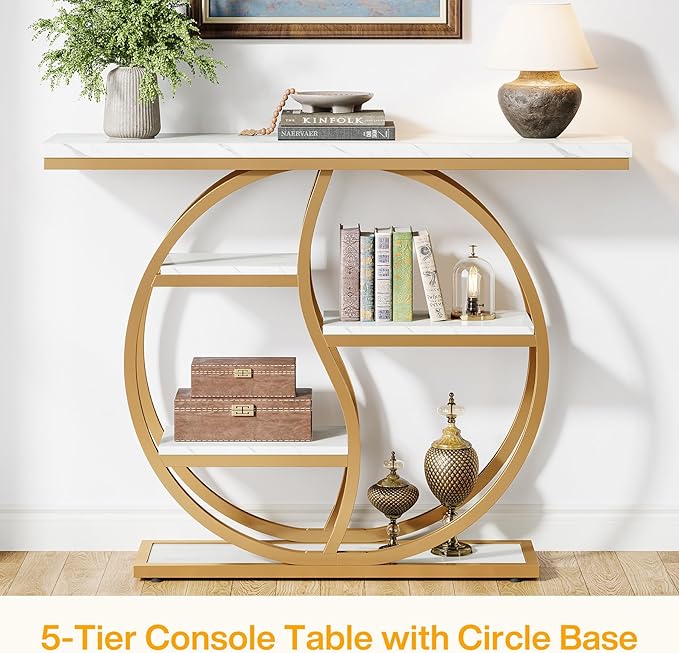 Tribesigns 47.24" Industrial Console Table, 5-Tier Entryway Table with Adjustable Feet, Narrow Long Sofa Table with Storage Shelves for Living Room, Hallway, Behind Couch, Anti-Tip Design (White Gold)
