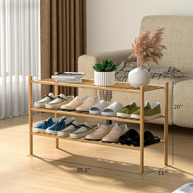 3-Tier Bamboo Long Shoe Rack, Free Standing Wood Shoe Shelf Storage Organizer for Closet Entryway Stackable 35"x11"x20" (Natural)