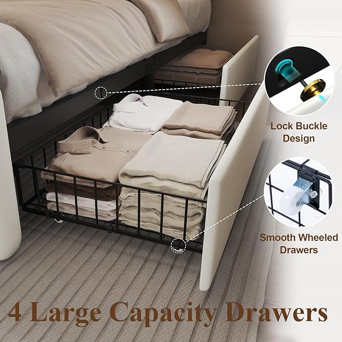 Twin Size Bed Frame with 4 Storage Drawers and LED Lights, Upholstered Platform Bed with Adjustable Headboard and Charging Station, Metal Slats Support, No Box Spring Needed,Easy Assembly, White