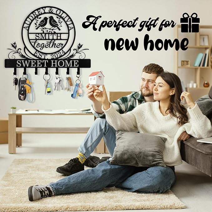 Personalized Key Holder for Wall | Metal Key Rack Wall Mount with Couple's Name | Key Rack Coat Rack Organizer | Key Hooks Wall Decorative for Bedroom Entryway Hallway | Wedding Gifts