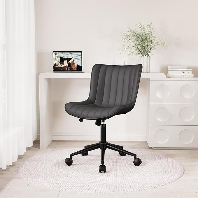 Kidol & Shellder Black Leather Home Office Desk Chair with Wheels Modern Cute Armless Executive Swivel Vanity Chair with Comfy Padded Back Ergonomic Rolling Adjustable Computer Task Chair Small