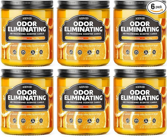 AOOVOO 6 Pack Citrus Lemon Odor Eliminating Highly Fragranced Candle - Eliminates 95% of Pet, Smoke, Food, and Other Smells Quickly, Air Freshing Soy Candle