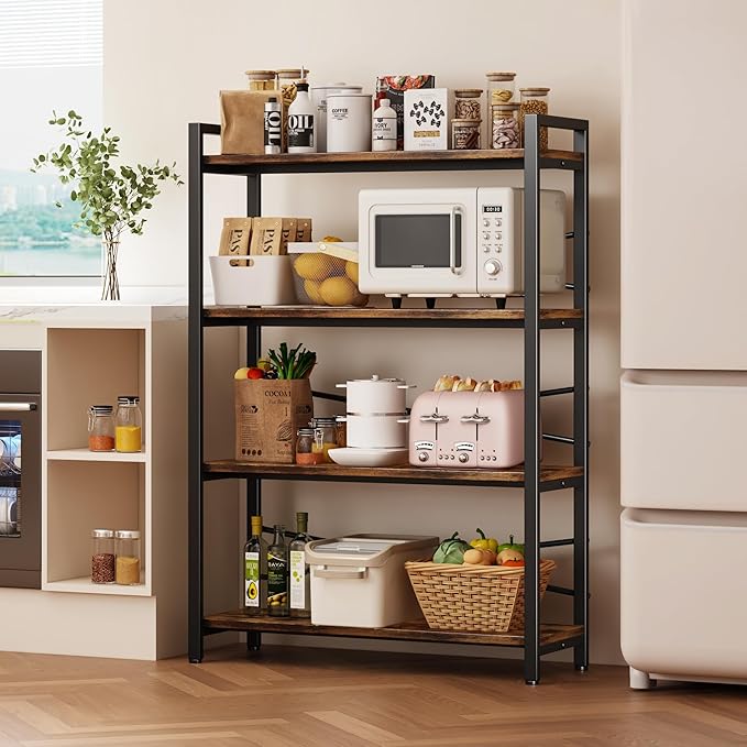 4 Tier Bookshelf 31.49" Width, Book Organizers and Storage, Wood and Metal Tall Bookcase, Rustic Book Shelf Organization and Storage for Home Living Room Bedroom Office Storage(Rustic Brown)