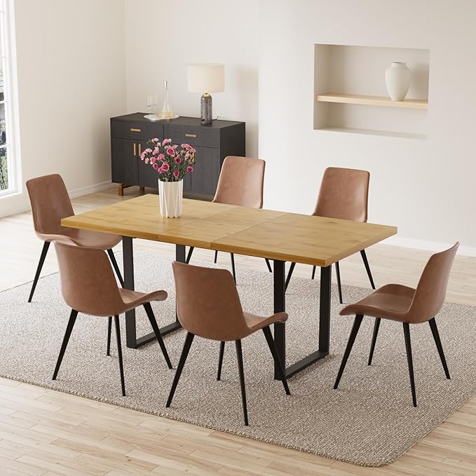 ZckyCine 51"-67" Modern Extendable Dining Table Set for 6 with 6 Padded Chairs, Wood Kitchen & Dining Room Table Set, Space-Saving Home Furniture for Small Families