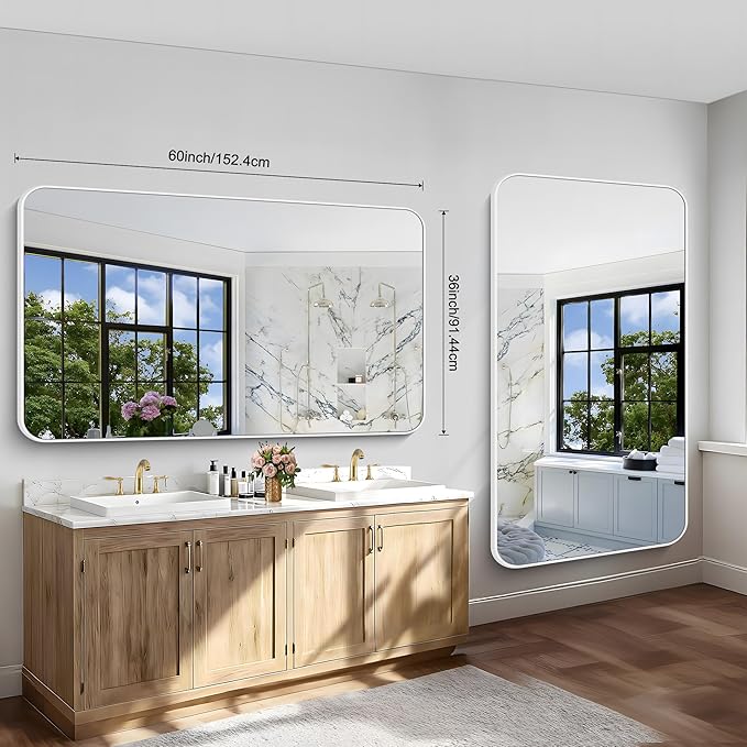 BONEWEI White Bathroom Mirror,60x36 inch Wall Mirror for Bathroom Wall Mounted,Rectangle Mirror for Bathroom Over Sink,Modern Frame Round Corner for Living Room,Bedroom Entryway,Horizontal/Vertical