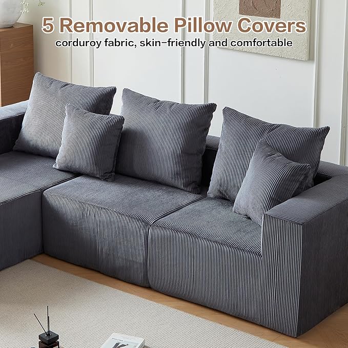 Boneless Couch, 101" Corduroy Couch with Deep Seat, Modular Sectional Sofa in a Box, Memory Foam Compressed Sofa for Living Room (Grey)
