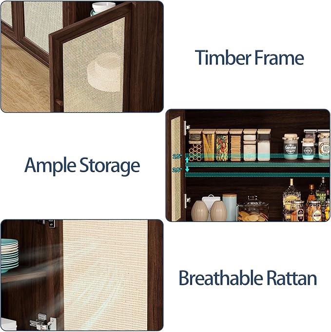 59" Rattan-Door Sideboard Cabinet with Shelf, 3-Door TV Stand Credenza Buffet with Generous Storage, Modern Accent Cabinet for Living Room & Kitchen, Walnut