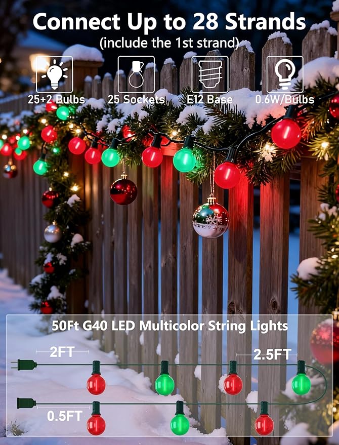 50Ft Outdoor Frosted Red and Green Christmas Lights,LED G40 Globe Patio Christmas Lights with 25 Red and Green Bulbs(2 Spare),Vintage Hanging Light for Tree Garden Porches Xmas Holiday