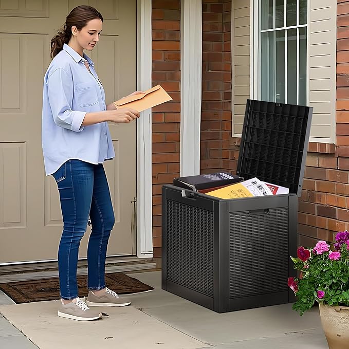 Outdoor Storage Box, Resin Deck Boxes Indoor and outdoor, Waterproof Storage Box Lockable Lid (Black, 35 Gallon)