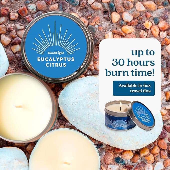 GoodLight Paraffin-Free Scented Candle, Clean Burning Non-Toxic Tin Candles, Eucalyptus Essential Oil Scented Travel Candle 6oz