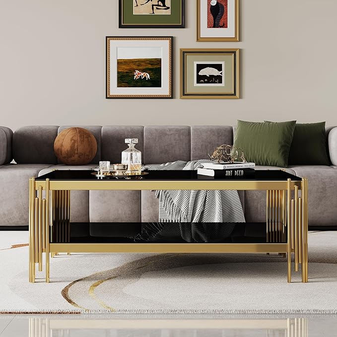 48" Rectangular Glass Coffee Table for Living Room, Luxury 2-Tier Center Table with Gold Stainless Steel Frame, Modern Black Glass Accent Coffee Cocktail Table w/Storage Shelf