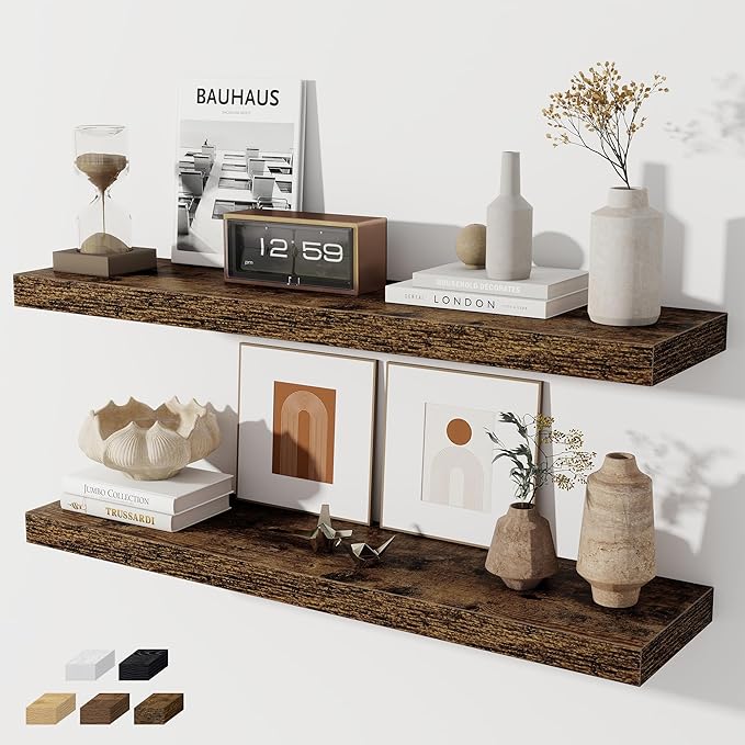 Fun Memories 36 Inch Floating Shelves, Wall Shelves Set of 2 for Bathroom/Living Room/Bedroom/Kitchen, Wall Mounted Floating Shelf for Home Decor with Invisible Brackets, Rustic Brown