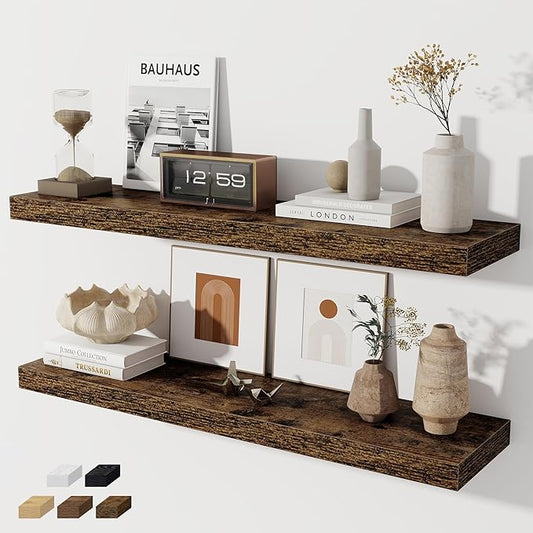 Fun Memories 36 Inch Floating Shelves, Wall Shelves Set of 2 for Bathroom/Living Room/Bedroom/Kitchen, Wall Mounted Floating Shelf for Home Decor with Invisible Brackets, Rustic Brown
