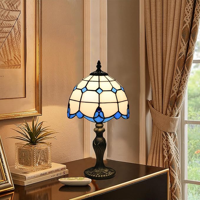 Tiffany Table Lamp, Tiffany Style Stained Glass Lamp, 8 Inch Small Antique Bedside Lamp, for Nightstand Bedroom Living Room Home Office, Blue, Include LED Bulb