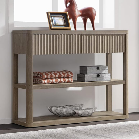 SICOTAS Fluted Entryway Table with Storage, 44.13" W Console Table with 2 Drawers & 2 Tier Storage Shelves, Modern Sofa Table Behind The Couch for Living Room, Entrance, Hallway, Foyer, Grey Alder