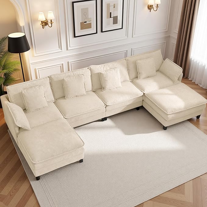 Claiks 148" Modular Sectional Sofa, Cloud Couch with Ottoman, U-Shaped 6-Seater Sofa in Chenille Fabric, Deep Seat Comfy Couch with Pillows for Living Room & Offices, Beige