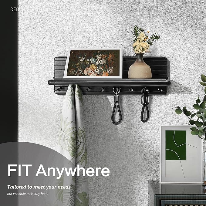 Rebee Vision Farmhouse Key Holder Wall Mount for Room Decor – Modern Key Rack for Wall with 8 Sturdy Hooks & Floating Shelf - House Organization Solution for Aesthetic Spaces(Black)